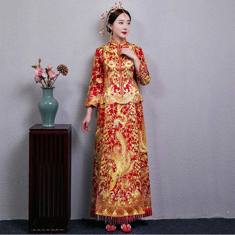 Klasičen Ravno Krilo Cheongsam Zveze Obleko Vezenje Phoenix Kitajski Poročno Obleko Tradicionalnih Qipao Stari Vestidos
