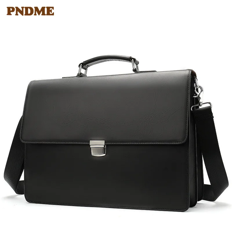PNDME visoke kakovosti poslovnih pravega usnja črne moške aktovko priložnostne preprost laptop torba urad ramenski messenger vrečke 2019