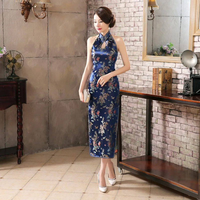 Backless Slim Ženske Dolgo Cheongsam Zmaj Kitajski Tradicionalni Obleko za Stranko Poroko Compere Obleke Letnik Qipao Obleko 90
