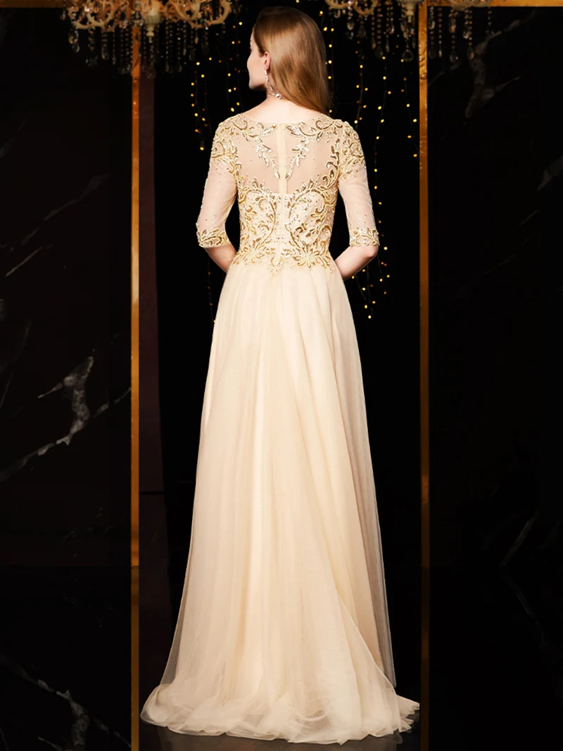 J1915 jancember arabski večerno obleko plus velikost o-necj pol til rokav appliques čipke marelice formalno obleko vestido elegante