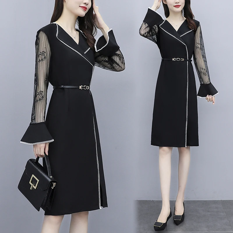 Korejski Moda 2021 Pomlad Novo Šivanje Čipke Obleko Obleko Ovratnik Proti Črni Dolg Rokav Seksi Žensk Obleko Vestido Design