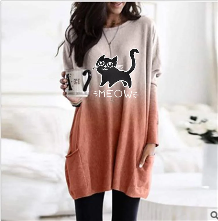 Moda Gradient Barve Mačka Tiskanja Plus Velikost T-Shirt O-Vratu Pomlad Jesen Dolgimi Rokavi, Žepi Svoboden Priložnostne Vrhovi Womens T-Majice