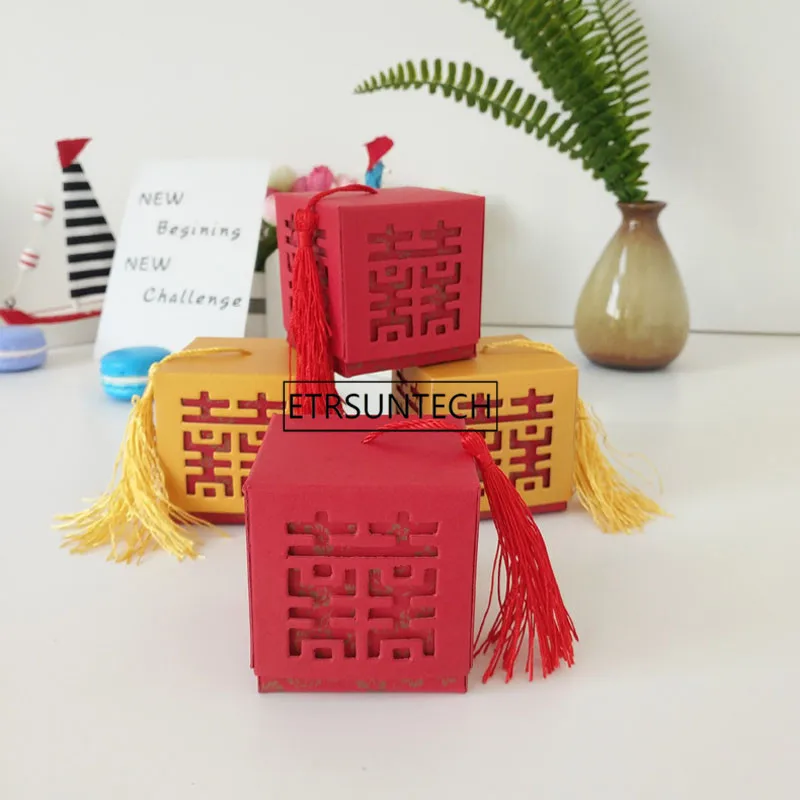 Kitajski Rumeno Rdeče Votlih Dvojno Srečo Tassel Cvetje Bonboniera Svate Korist Dekoracijo Darilo