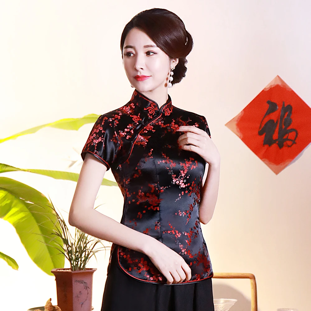 Klasično Ročno Gumb Ženski Saten Bluzo Kitajski Letnik Poletni Majica Prevelik Črno Rdeči Cvet Vrhovi Tang Oblačila 3XL 4XL