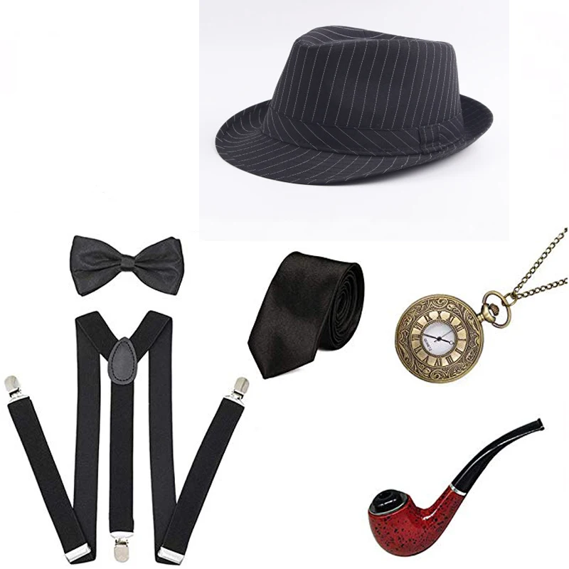 1920 Mens Gatsby Gangster Dodatki Set Panamski Klobuk Suspender Lok Kravato Moda Pazi 30s Kostume za dodatno Opremo
