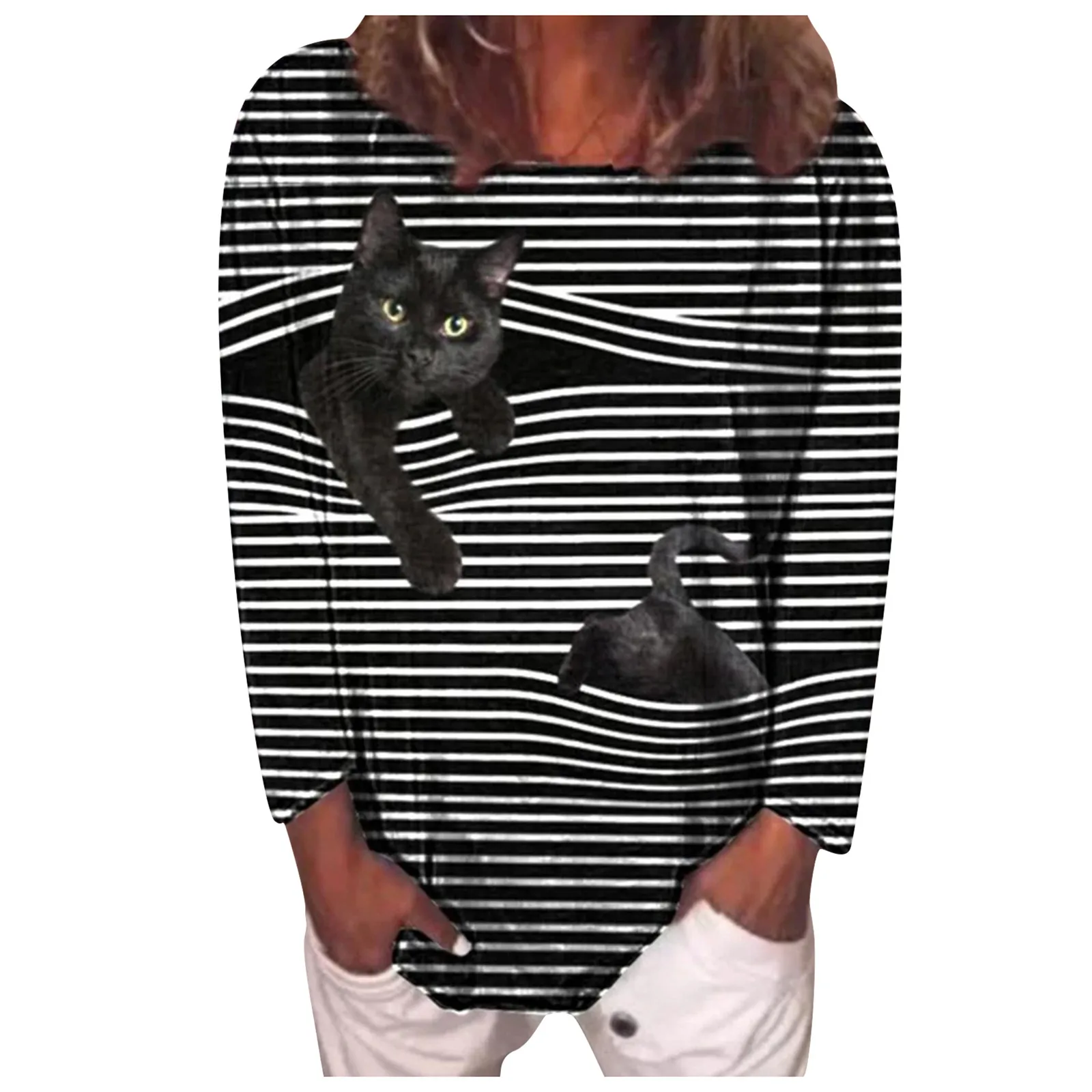Moda za Ženske Dolgimi Rokavi, okoli Vratu Plus Velikost 3d Živali Srčkan Črtasto O-vrat Vrhovi Tee T-shirt Bluzo