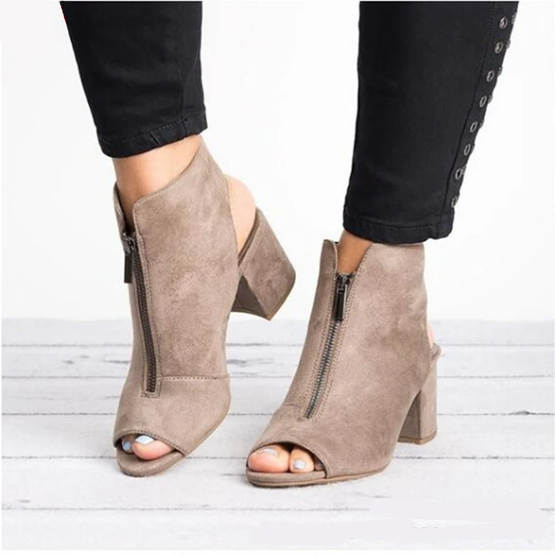 Škornji faux antilop usnja priložnostne open toe visokih petah platformo zadrgo, modne ženske čevlje