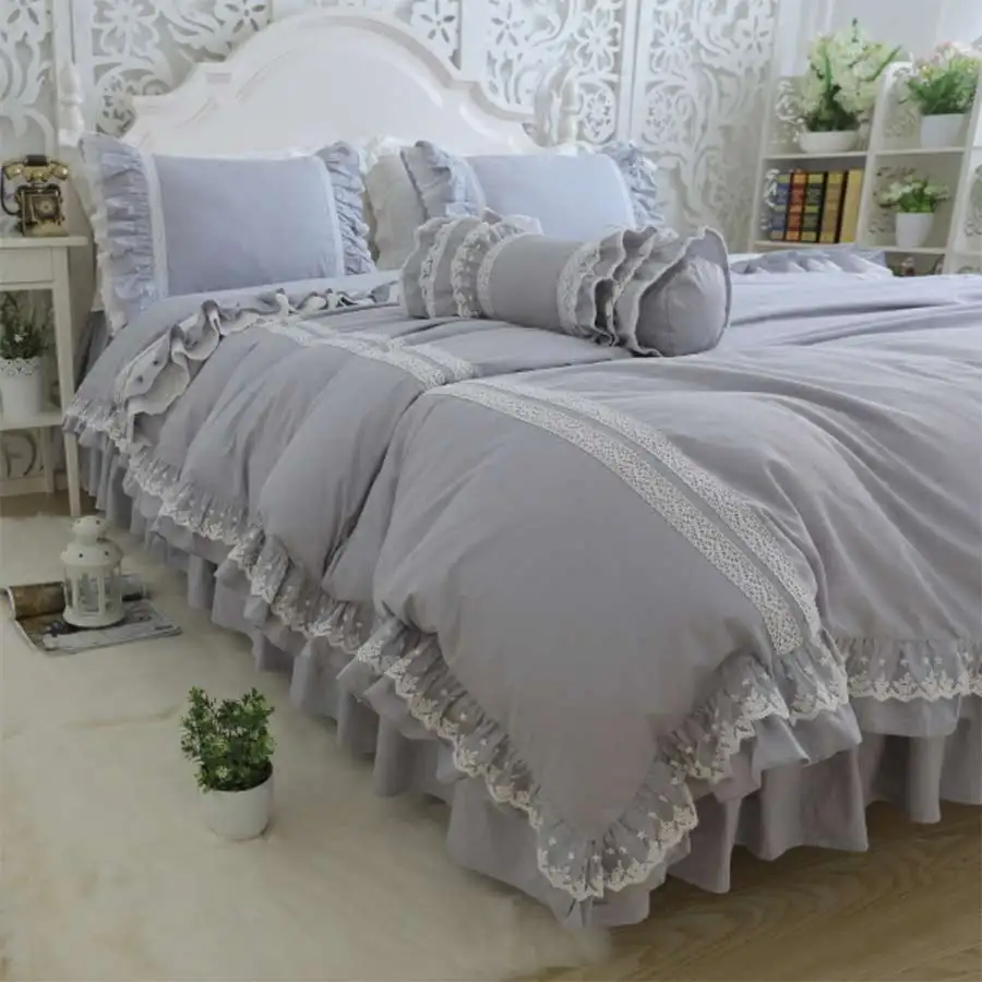 Princesa ruffles trdna sivo posteljni set,bombaž twin polno kraljica kralj,eno dvojno domačega tekstilnega vzglavnik odeja kritje posteljo krilo