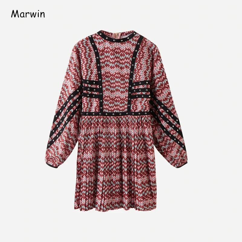 Marwin 2021 Novo-Prihaja Pomlad Tiskanja Nabrano Obleko O-Vratu Kolena-Dolžina Zapestnih Fit In Flare High Street Style Ženske Obleke
