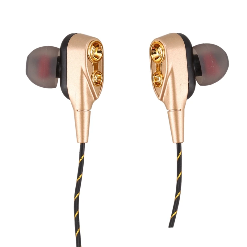 3,5 mm HiFi Žične Slušalke Dual-Dinamično Quad-core Zvočnik V uho čepkov Prožni Kabel Anti-zaviti HD z Mikrofonom(Zlato)