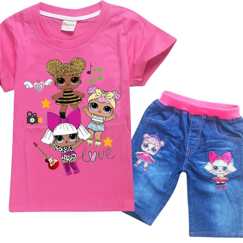 Bombaž Baby Dekleta Lol Obleke Poletje Tshirt+jeans Oblačila Sklop 2pcs Risanka Tiskanja Kratkimi Rokavi Otroci Oblačila Priložnostne