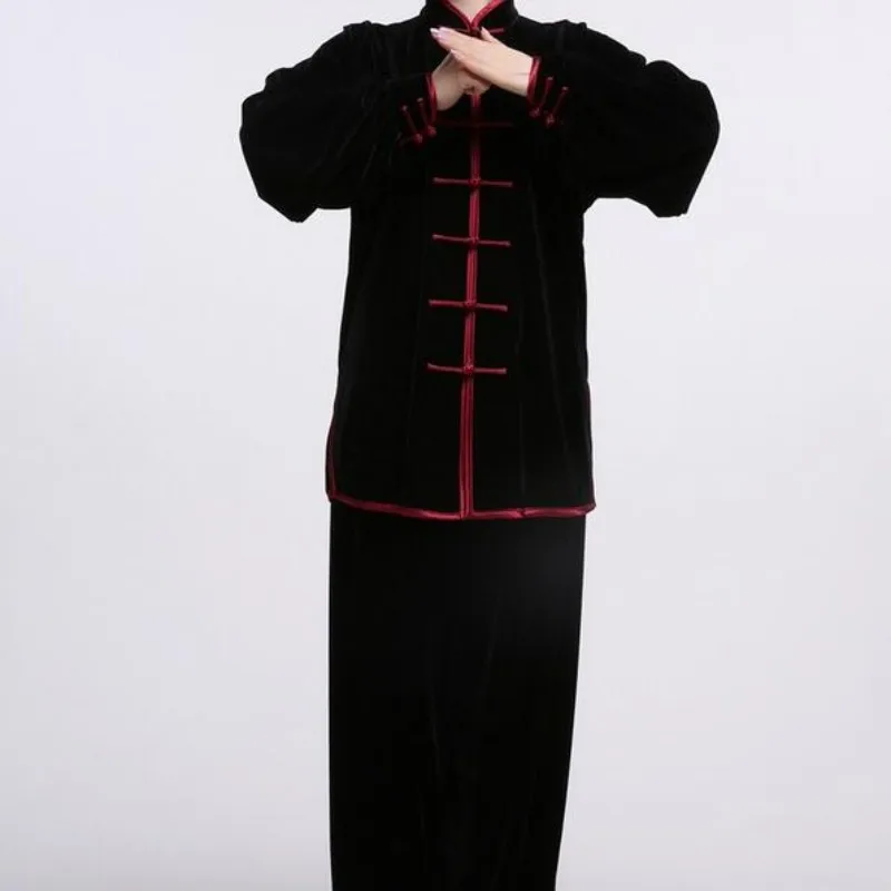 Ženske Žamet Wing Chun Kung Fu Oblačila Tai ji Wu Shu Kostum Polno Sleeve Solid Color Borilne veščine Kompleti Za Ženske Plus Velikost Rdeča