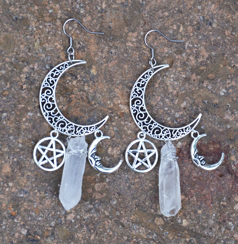 Crescent Moon Pentagram Quartz Crystal Witchy Uhani Gothic Čarovnica Nakit Za Ženske Stranka Uhani