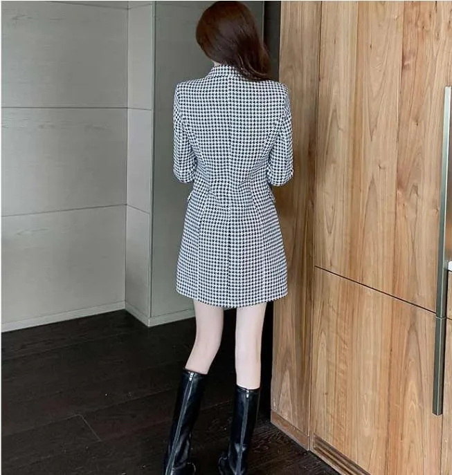 Houndstooth Winter Long Coat Women Notched Double Breasted Slim A-line Outfit Femme Elegant Office Lady Wool Coats Korean Abrigo
