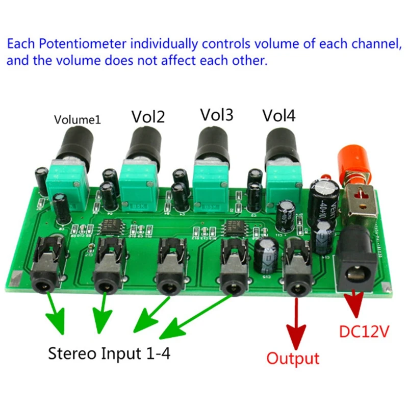 Stereo Mešalnik (4 Vhod ,1 Izhod ), Posamezno Nadzira Odbor DIY Slušalke Ojačevalnik Primeru DC12V