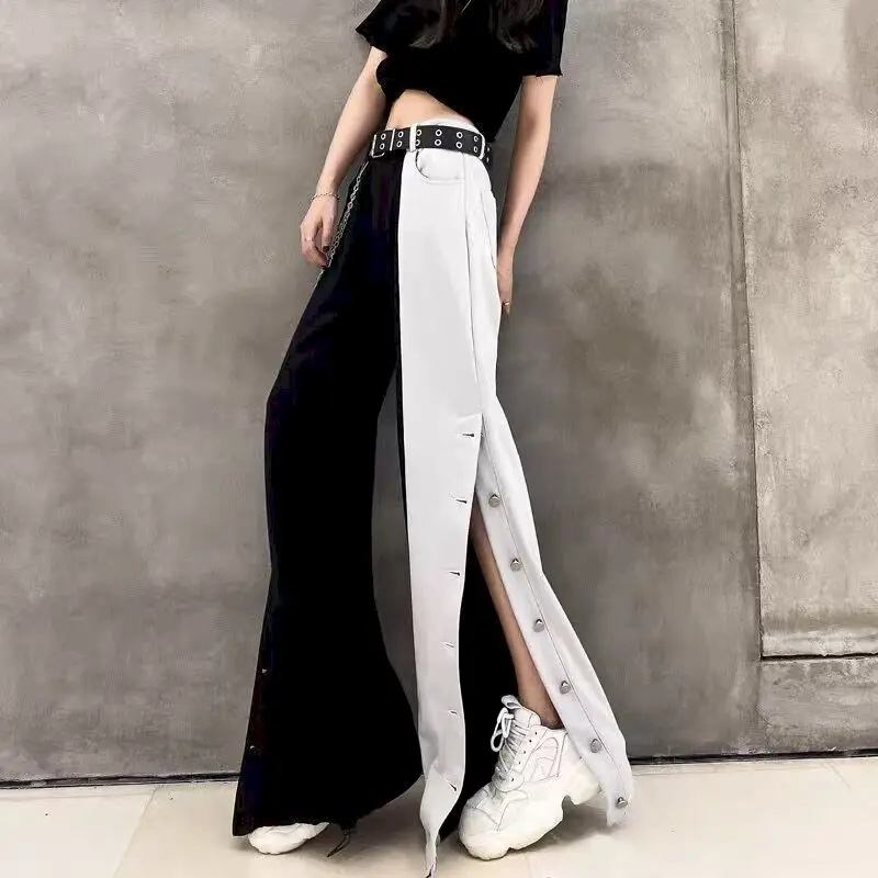 Črna širok noge+pasu hlače ženske visoko pasu zavesa zbiranjem hlače šivanje priložnostne hlače tanko obleko hlače znoj hlače za ženske