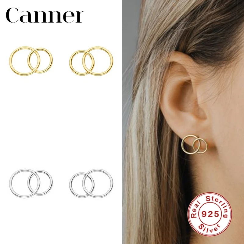 Canner 925 Sterling Srebro Stud Uhani Za Ženske Minimalističen Dvojni Krog Earings Fine Nakit Piercing pendientes W5