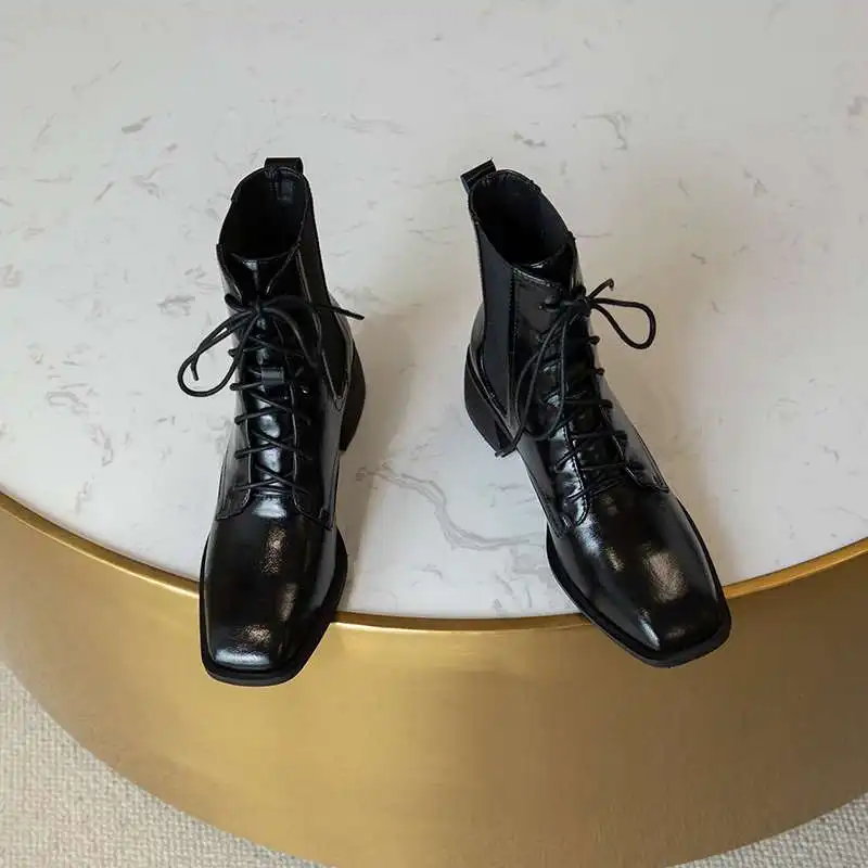 Krazing pot naravnega usnja Chelsea čevlji kvadratni toe med peto navzkrižno vezani lepoto lady vsakdanje obrabe čipke sodobne gleženj škornji L79