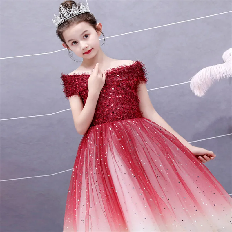 2019Summer Razkošje Nove Otroke, Dekleta Shoulderless Sequined Vino-rdeče Rojstni dan, Poročno zabavo Puhasto Obleko Otroci Modela Kažejo Obleke
