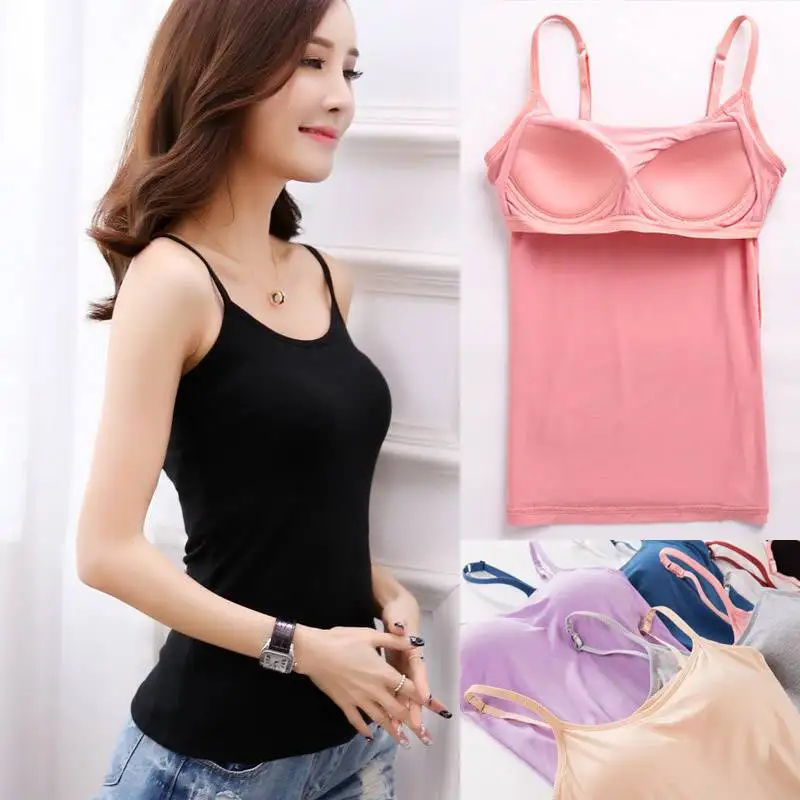 Women Slim Sleeveless Tank Tops Camisole Tops Solid Built In Bra Padded Modal Tanks Casual Spaghetti Camis Top