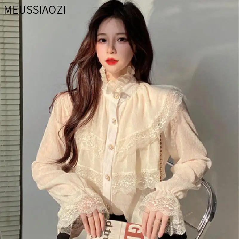 2021 Pomlad Womens Vrhovi in Vintage Bluze Šifon Bluzo Gumb Dolg Rokav Elegantna Majica Ženske korejski Slog, Dame Vrhovi Chic