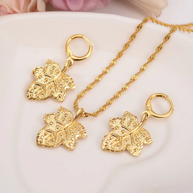 Dubaju, Indiji, Afriki Romantična nevesta Določa gold leaf ogrlica spusti Uho prstan uhani Nakit Set za ženske Poroko Bijoux darila