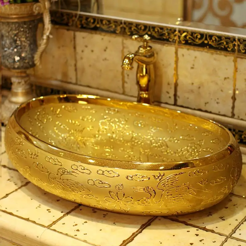 Razkošno Reliefni Zlati porcelana kopalnica nečimrnosti, kopalnica, umivalnik skledo točilne Ovalne Keramični umivalnik, kopalnica, umivalnik
