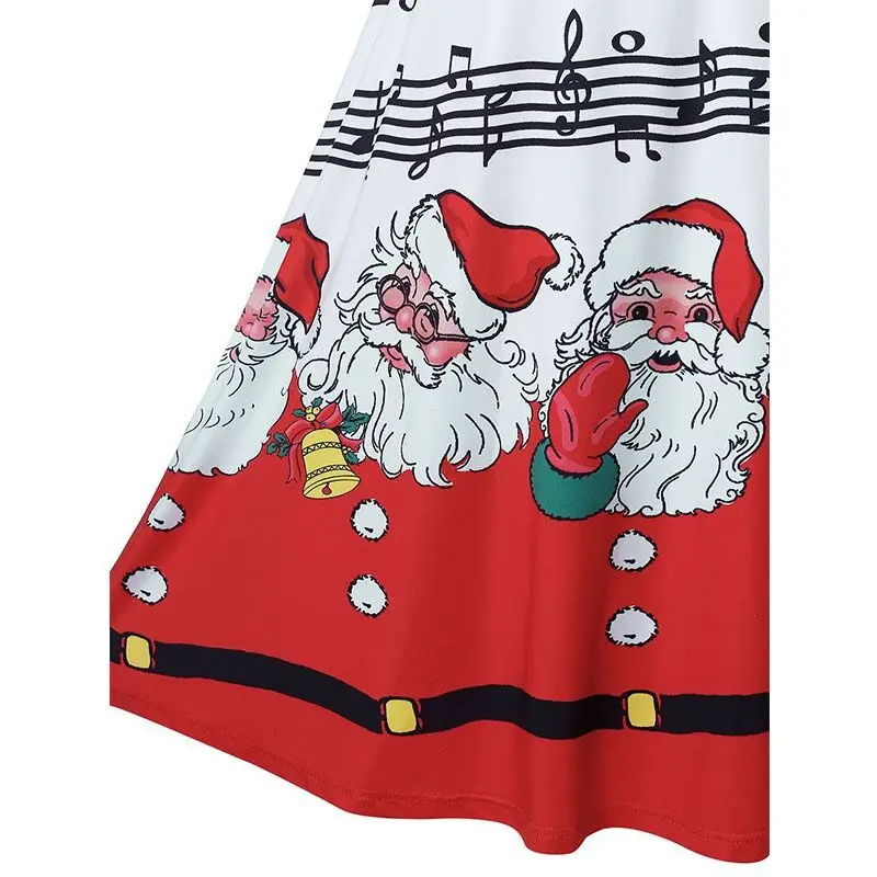 MISSJOY Žensk retro rdeča čipke kratka sleeved Proti-vrat glasbe Santa Claus tiskanje-line velik zamah kolena-dolžina obleko