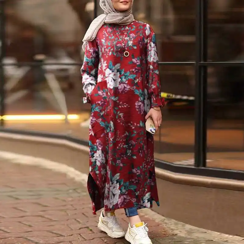 ZANZEA Ženske Vintage Obleko Jeseni O Vratu Dolg Rokav Cvjetnim Natisne Sundress Priložnostne Muslimansko Obleko Svoboden tam kaftan Vestiso Plus Velikost