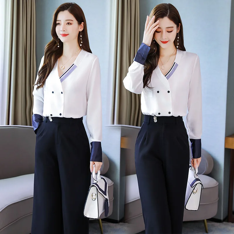 Obleko žensk novi korejski slog v jeseni 2021 V-neck majica in široko noge hlače