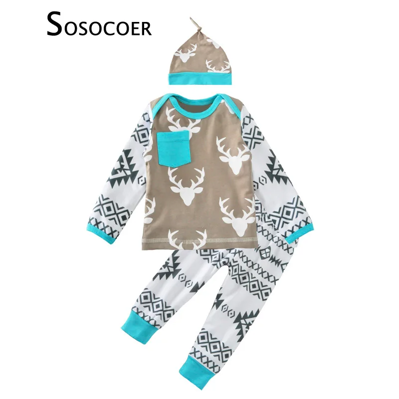 SOSOCOER Baby Boy Oblačila Sklop Božič Jelena T Shirt+Geometrijo Hlače+Klobuk 3pcs Cartoon Živali Otroci Kompleti Oblačil Fantje Oblačila