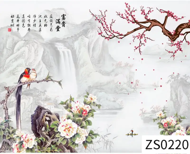 Ročno poslikane oljna slika, slog ozadje Kitajski cvetje in ptice retro dnevna soba, TV sliko za ozadje