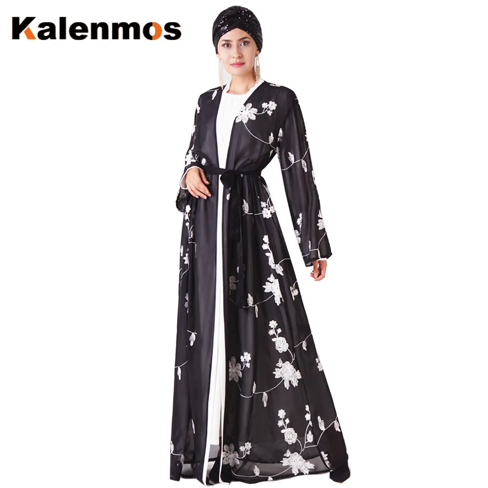 Muslimani tam kaftan Abaya Vezenje Cvetlični Outwear Ženske Abaya Dolge Plašče Kimono Čipke-up Kimono Hidžab Obleko Arabsko-Islamska Oblačila