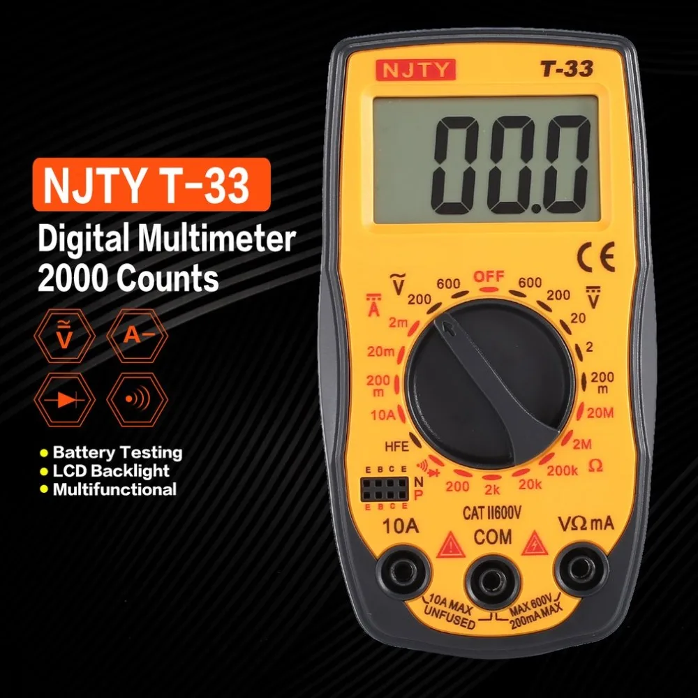 NJTY T-33 Digitalni Multimeter DC/AC Napetost Tekoči Meter Mini Ampermeter Ohm Diode HFE Tester Kontinuitete 2000 Šteje Multitester