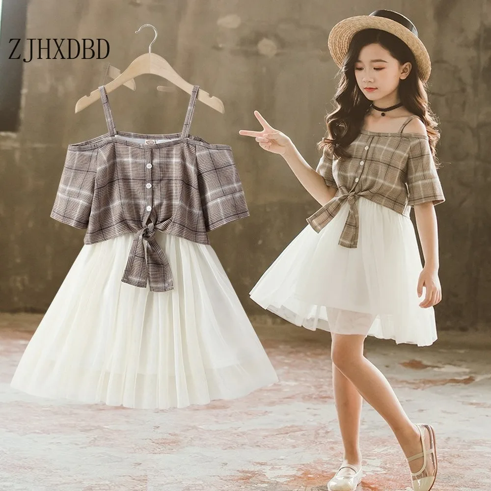 Dekleta 2020 Novo Poletno Obleko Super Tujih Princesa Obleko korejski Otrok Obleko Zanko Kariran Dekle Otrok Pricess Bele Obleke
