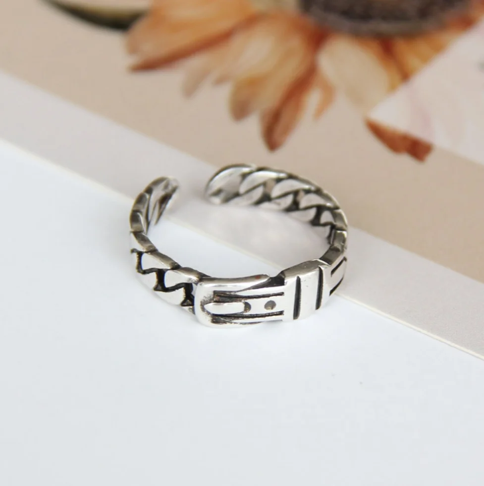Klasična belt sponke odprte obroč ulični stil modni zaklepanje verige pasu glavo prstan srebro 925 nakit nova