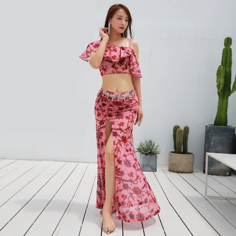 2019 Ženske Dancewear Trebuh Ples, Oblačila Cvetlični Kostum Nastavite Enega Kosa Obleko z Bowknot