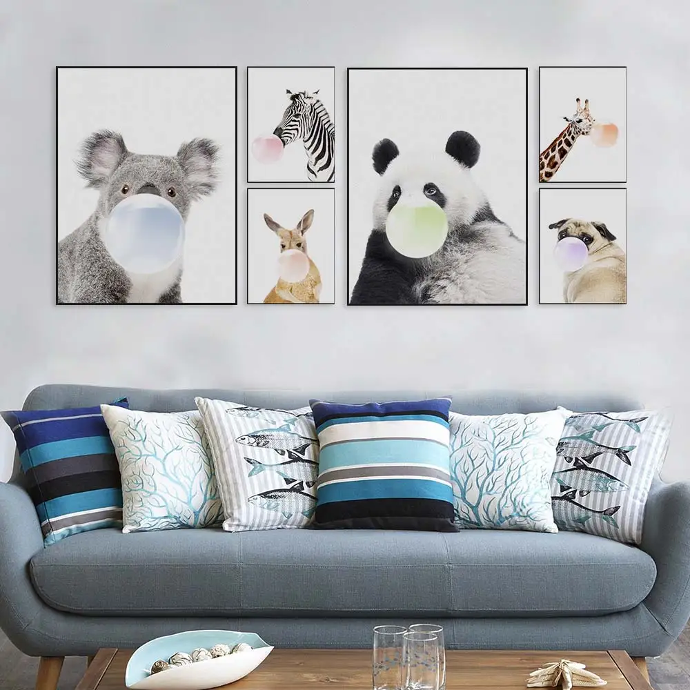 Risanka Srčkan Živali Plakat Panda Kenguru, Koala Žirafa Pes Pihanje Mehurčkov Sliko Wall Art za dnevno Sobo Sodoben Dom Dekor