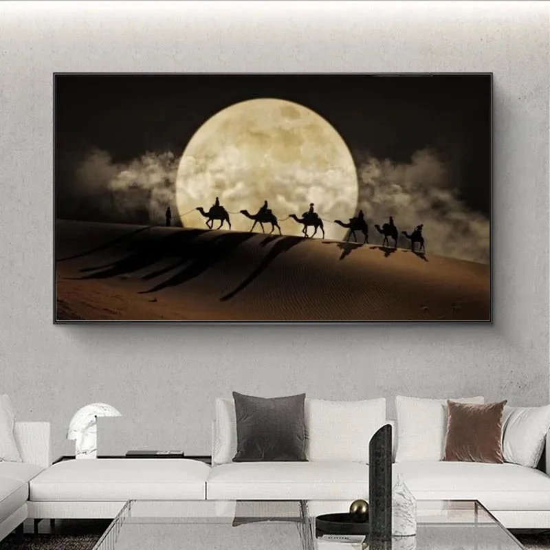 Puščava Luna Night Scene Steno Umetnosti Plakatov In Fotografij Kamele v Puščavi Platno Umetniške Slike Krajine Platno Stensko Slikarstvo Dekor