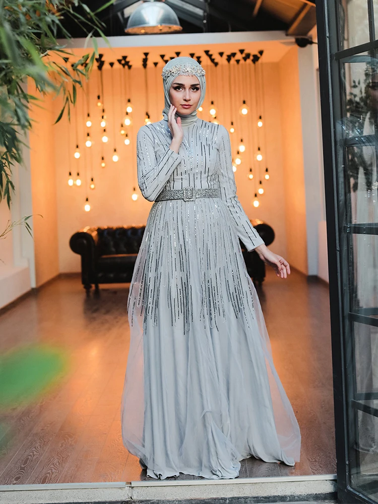 Sparkly Til Hidžab Večerno Obleko Elegantno Muslimanska Oblačila z Dolgimi Rokavi Novo Sezono ženska Moda in Ženske 2020 Dosežen v Turčiji