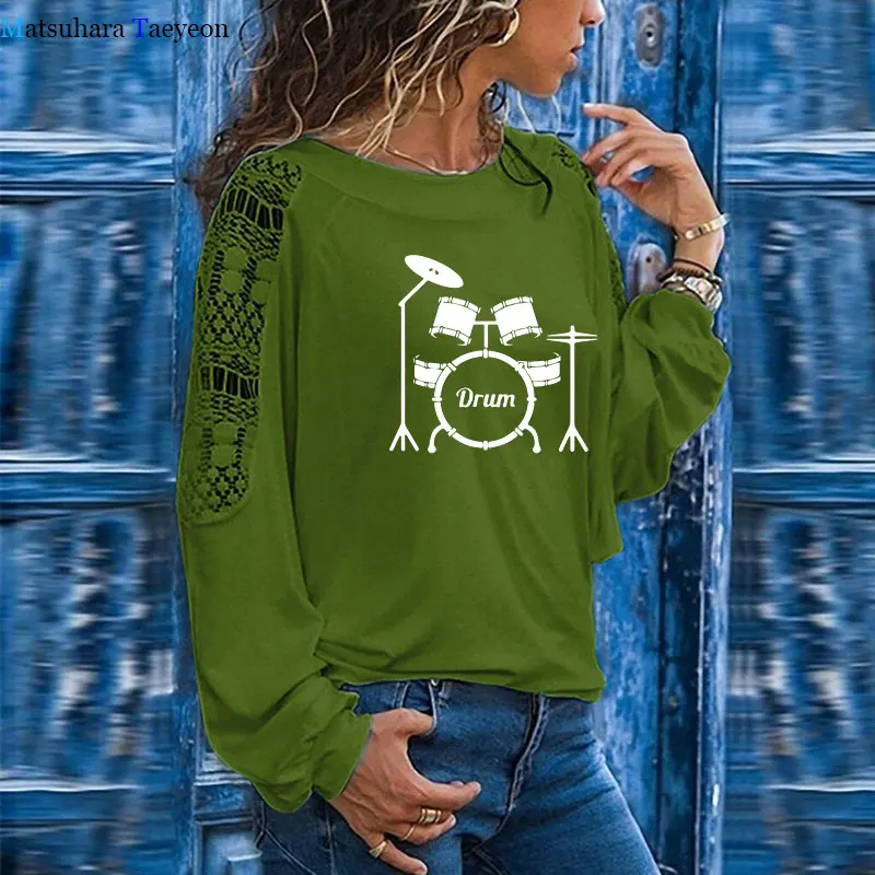 Evropski Stil Glasbe, Drum TShirts Ženske Modni Harajuku TShirts Čipke Dolg Rokav T-shirt Vrh Velikosti Svoboden 5X Ženska Oblačila