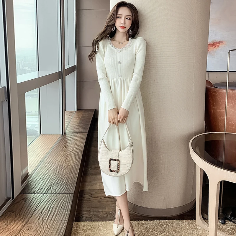 Nov prihod moda korejski pozimi obleko ženske OL temperament sladko čipke vratu puff rokav midi premetavati pletene a-line oblačenja