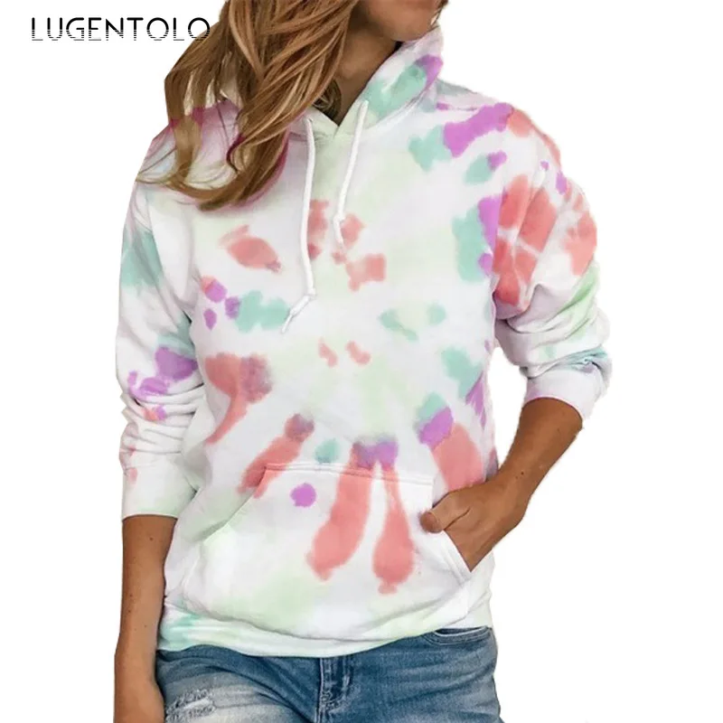 Lugentolo Jeseni Žensk Hooded Dolgo Sleeved Priložnostne Tie-Dye Natisnjeni Multi-Barvni Hooded Plus Velikost 5XL Ženske Svoboden Sweatshirts