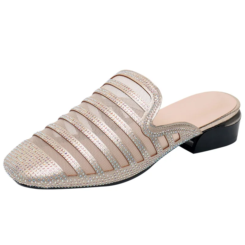 HOVINGECrystal blok copate seksi očesa čevlji zlato močen oblikovalec sandali ženske luksuzni 2019 diamond mul bling poročna počitnice
