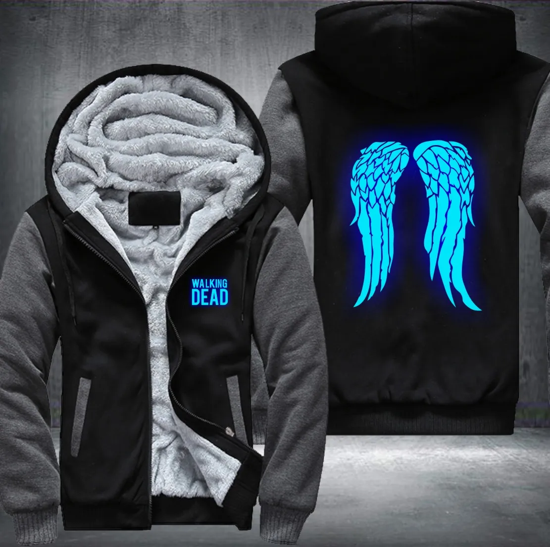 Novo Walking Dead Svetlobna moder pulover s kapuco Zombi Daryl Dixon Krila Zimski Flis Mens Sweatshirts ZDA Velikost