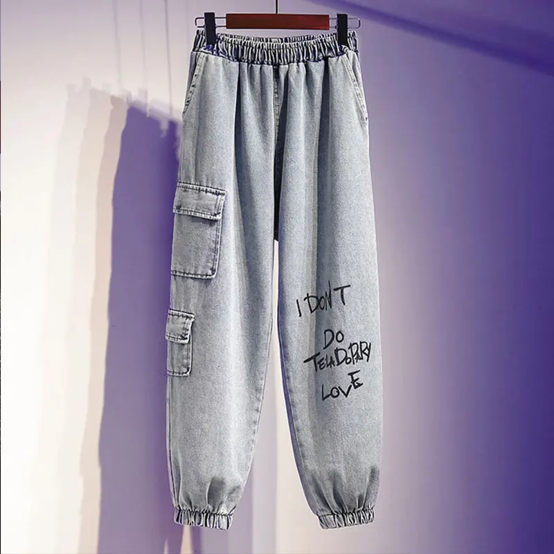 Novo Pismo Print Multi-žep Orodje Hlače, Gamaše Za Moške in Ženske Jeans Trendy Velikosti Visoko Pasu Nepakirana Jeans