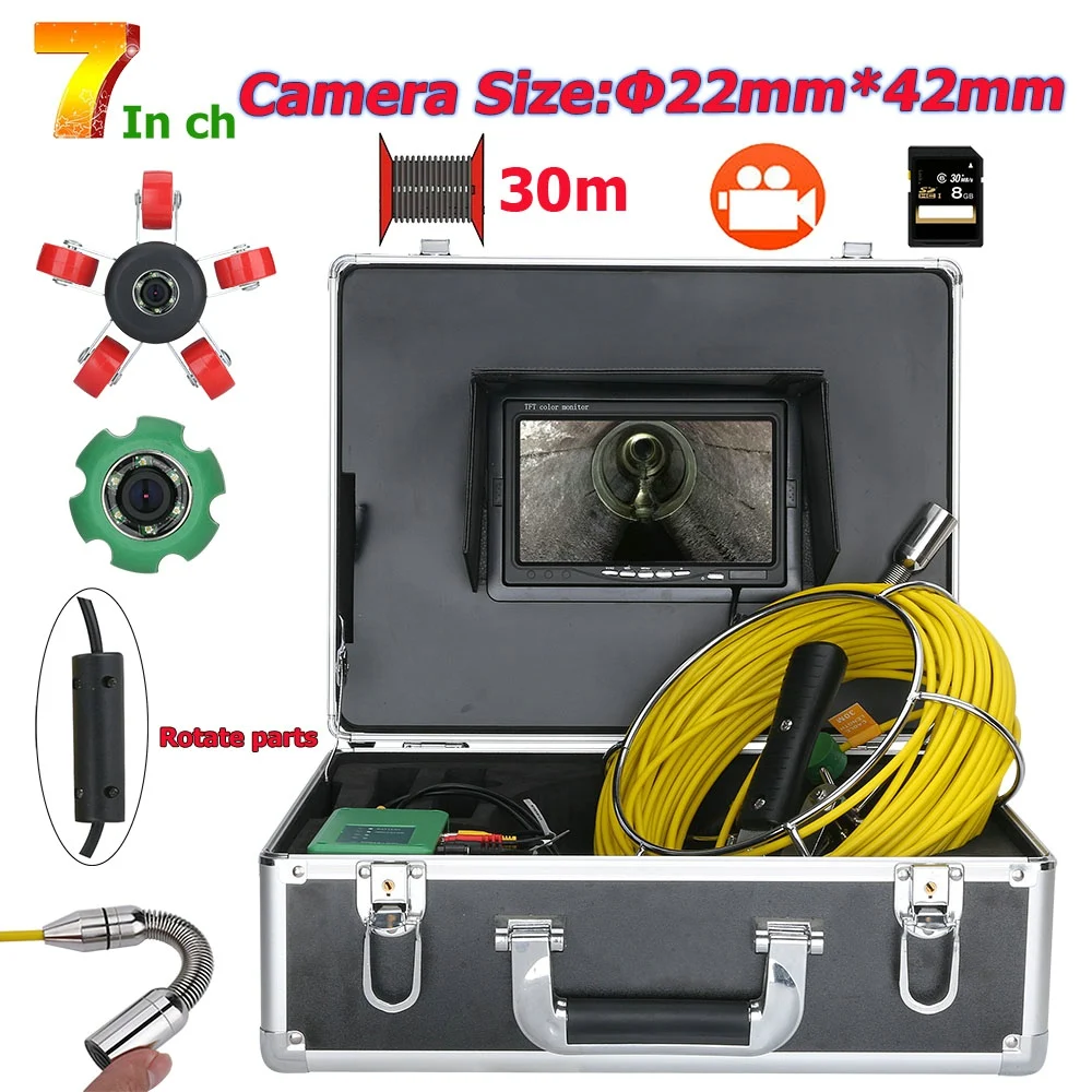 MOUNTAINONE 7inch DVR 22 mm Odtočne Cevi Kanalizacije-Pregledovalna kamera Sistema 20M 40M 30M Vodotesen Fotoaparat, 1000 TVL s 6W LED
