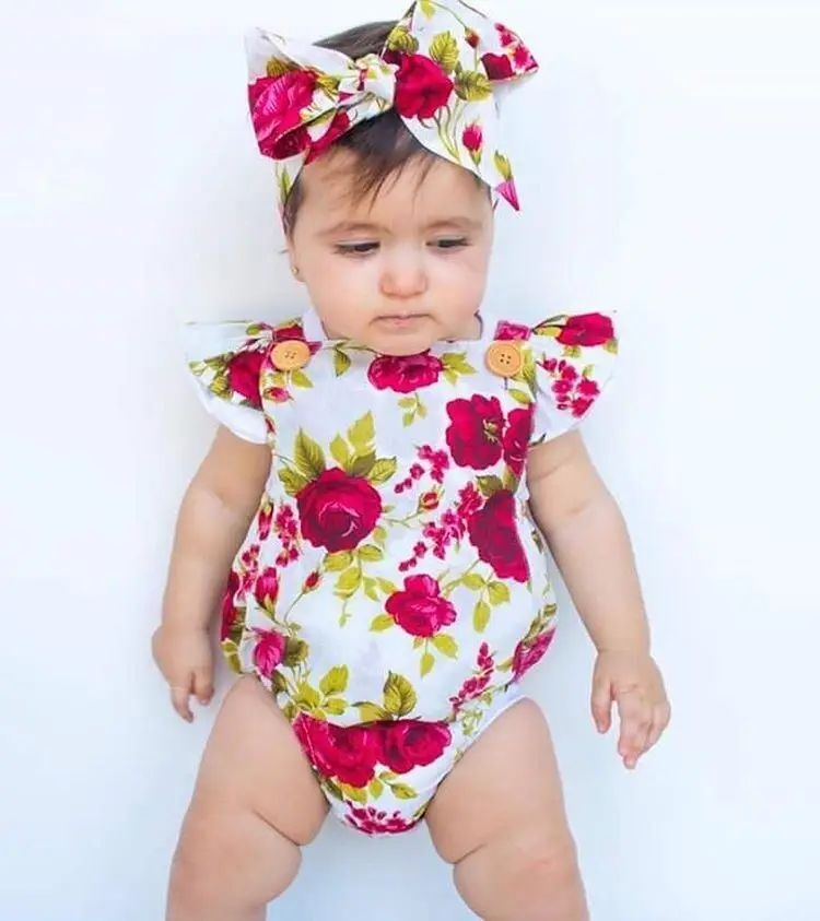 0-24M Newborn Baby Dekleta Obleke Cvet Jumpsuit Romper + Glavo 2pcs Obleke Oblačila
