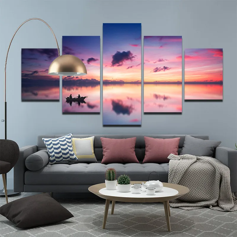 5pcs Fotografija, Art Dekorativno Slikarstvo Roza Sunset Nebo Z Ribiči Čoln Silhueto Platno Nepremočljiva Črnilo Tiskanje Plakata