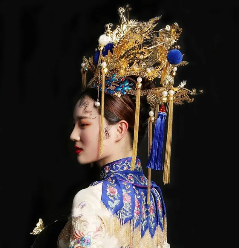 HIMSTORY Pretirana Ročno Pav Headdress Phoenix Coronet Fazi Kažejo, Kitajski Vintage Style Modra Tassel Dodatki za Lase